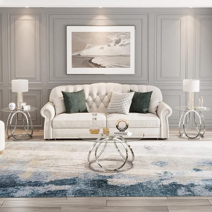 O&K FURNITURE Silver Coffee Table, Modern Glass Coffee Table Living Room Table with Ring-Shaped Frames, Glass Coffee Table for Home&Office, Chrome Finish, 1 PC | Modern, Living Room Table, Glass Coffee Table, Home&Office, 1 PC