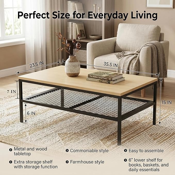 Wood Coffee Table,Rustic Rectangle Coffee Table with 2-Tier Storage for Living Room,Modern Industrial Center Table Small, Simple Rectangular Coffee Table in Office Bedroom,35.5in Beige