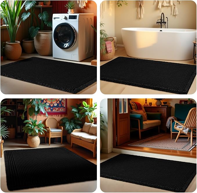Upgrade Waffle Bath Mat Set 2 Piece, Boho Bathroom Rugs Absorbent Non Slip, Ultra Soft Bathroom Mat, Machine Washable Knit Bath Rugs with Border for Bathroom, Bedroom, Kitchen, Shower, Tub, Black