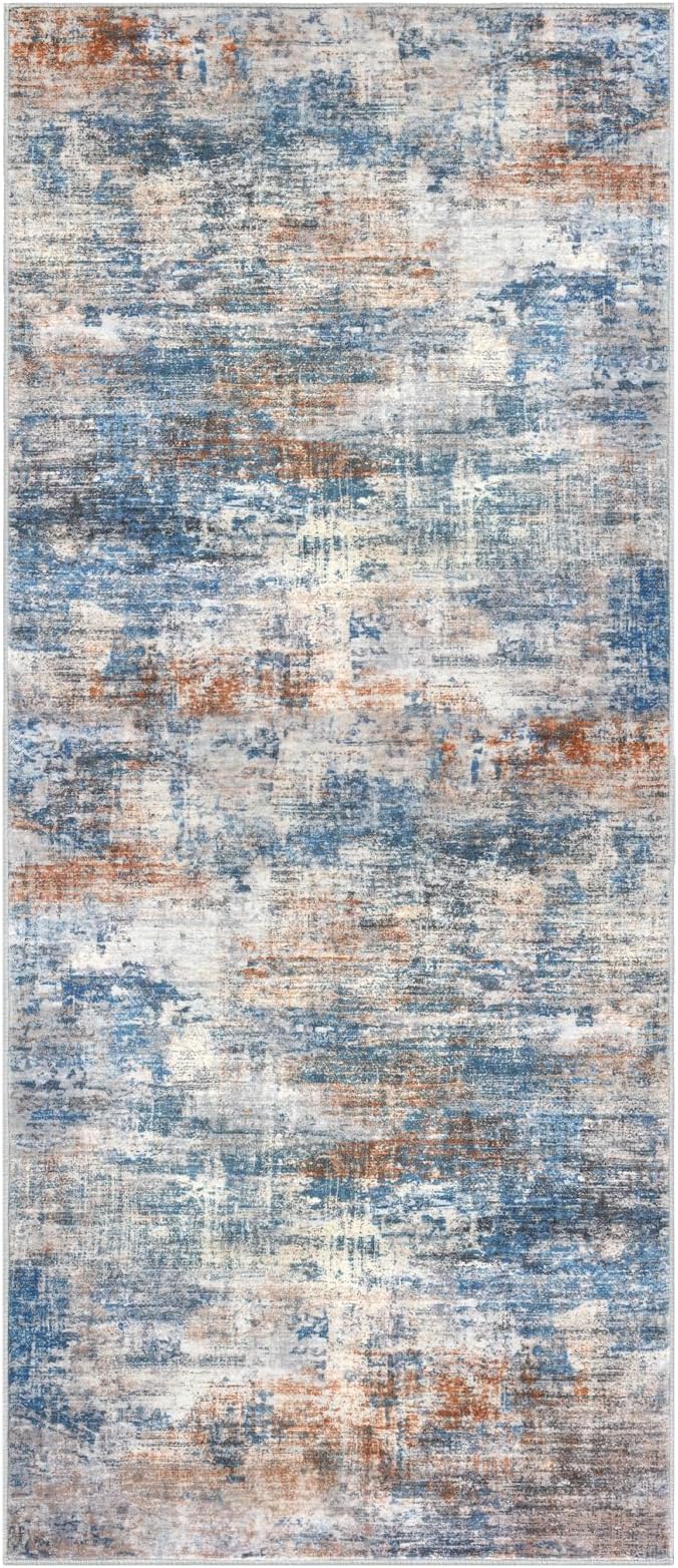 IOHOUZE Abstract Runner Rug 3x7 Ft Washable Runners for Hallways, Non Slip Kitchen Runner Printed Faux Wool Entryway Runner Indoor, Modern Abstract Floor Carpet for Hall Kitchen Bedroom, Blue Rust