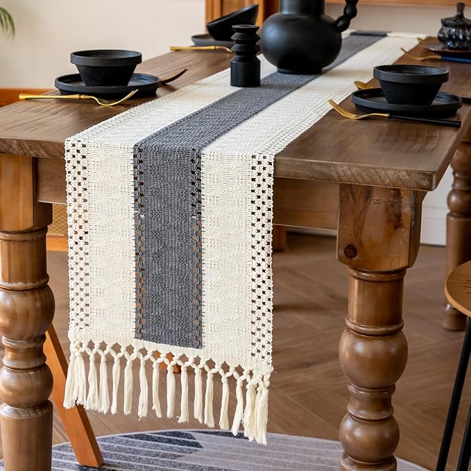 EMMTEEY Boho Table Runner with Tassels- Scratch & Heat Resistant, 108 Inches Long Table Runner Cotton Linen Macrame Handmade for Dining Table/Wedding Décor (12"X108", Grey)
