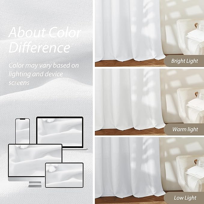 RYB HOME Linen Sheer Curtains 2 Panels for Living Room, Semi Transparent Privacy Drapes with Rod Pocket Farmhouse Style Window Treatments for Bedroom, White, 52" W x 90" L