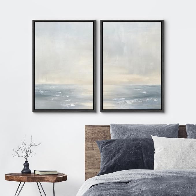 SIGNLEADER Framed Canvas Print Wall Art Set Minimalist Ocean Horizon Soft Blue Coastal Seascape Illustrations Modern Relax/Calm for Living Room, Bedroom, Office - 16"x24"x2 BLACK