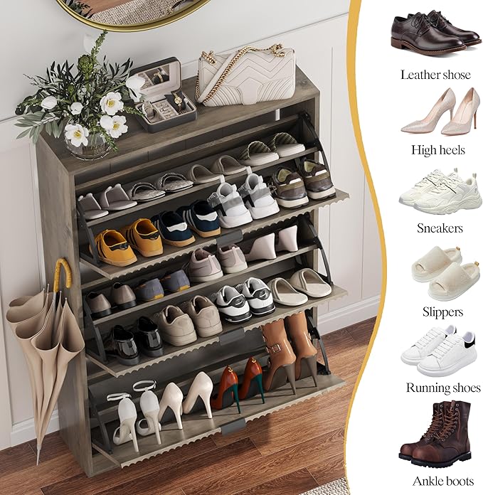 HUANLEGO Shoe Cabinet Storage for Entryway with 3 Flip Drawers, Grey Fluted Shoe Cabinet with Adjustable Shelves, Wooden Hidden Shoe Rack Freestanding Narrow Slim Shoes Storage for Hallway, Entrance