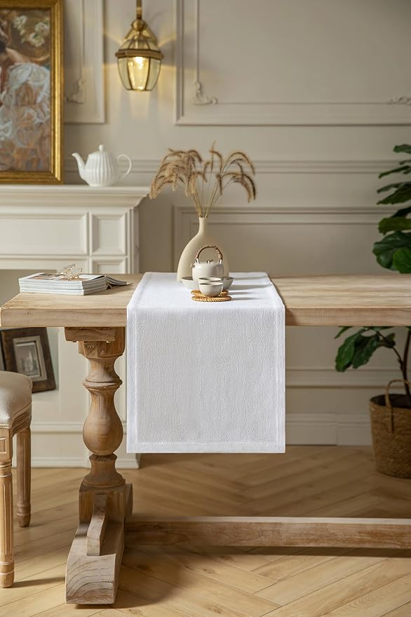 ZeeMart Burlap Style Farmhouse Table Runners 48 Inches Long, White Rustic Woven Dining Table Runner for Everyday Use, 14x48 Inches, White