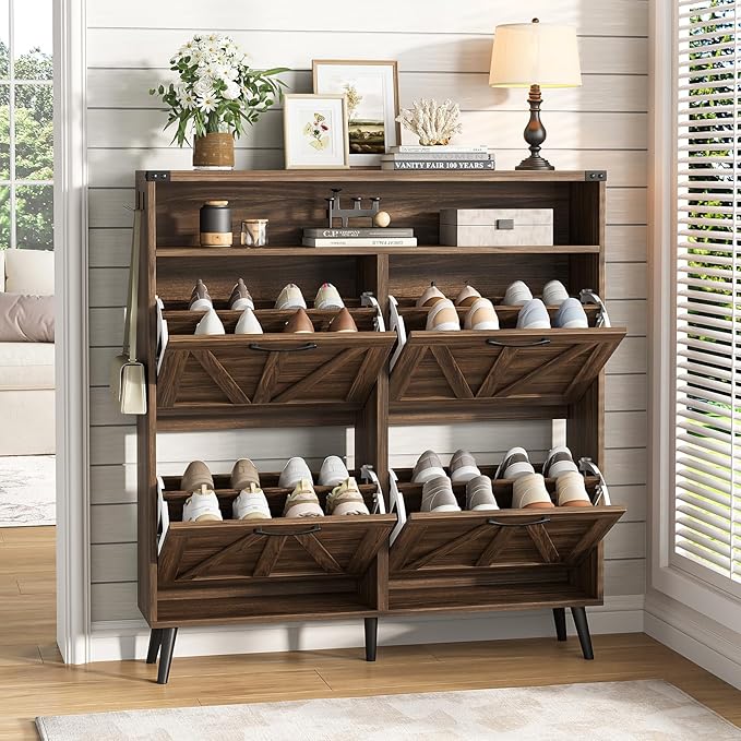 Vabches Shoe Cabinet with 4 Flip Drawers,Narrow Shoe Storage Cabinet for Entryway,Farmhouse Freestanding Shoe Organizer Rack for Hallway,Dark Walnut