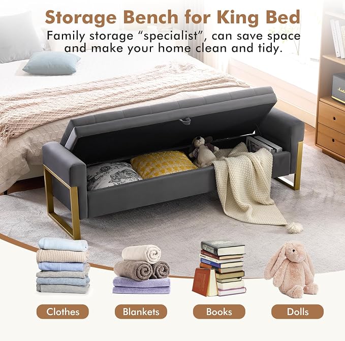 67" End of Bed Storage Bench King Size, Velvet Storage Bench for Bedroom Foot of Bed, Upholstered Storage Ottoman Bench with Gold Legs for Window Living Room Entryway, Dark Grey