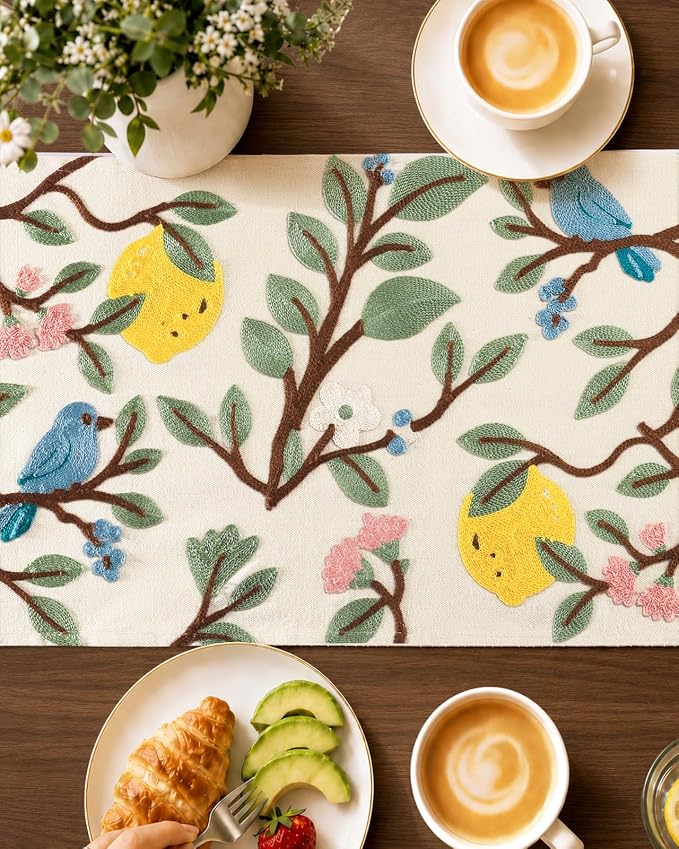 Canvas Embroidered Table Runner - 13"x 48" Coffee Table Runner for Living Room Boho Tablerunner for Dining Room Washable Farmhouse Kitchen Island Counter Decor Housewarming Gift, Lemon Bird