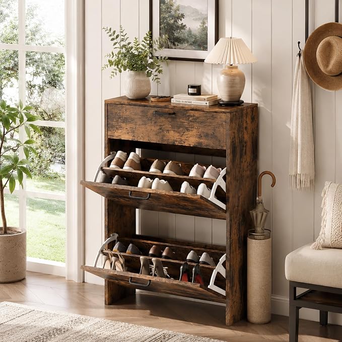 VINGLI Shoe Cabinet Storage for Entryway Ultra Slim with 2 Flip &1Drop-Down Drawers, 24.8" W Narrow Shoe Cabinet for Front Door Entrance,Freestanding Rustic Brown Wood Shoes Organizer for Hallway