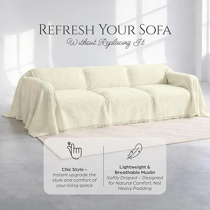 Extra Large Gauze Sofa Cover %100 Pure Cotton, Natural Couch Covers for 4 Seater, Sectional Sofa, Oversize 4 Layered Muslin Fabric, Cloud Like Washable Couch Cover (Cream, 95x181" / 240x460 cm)