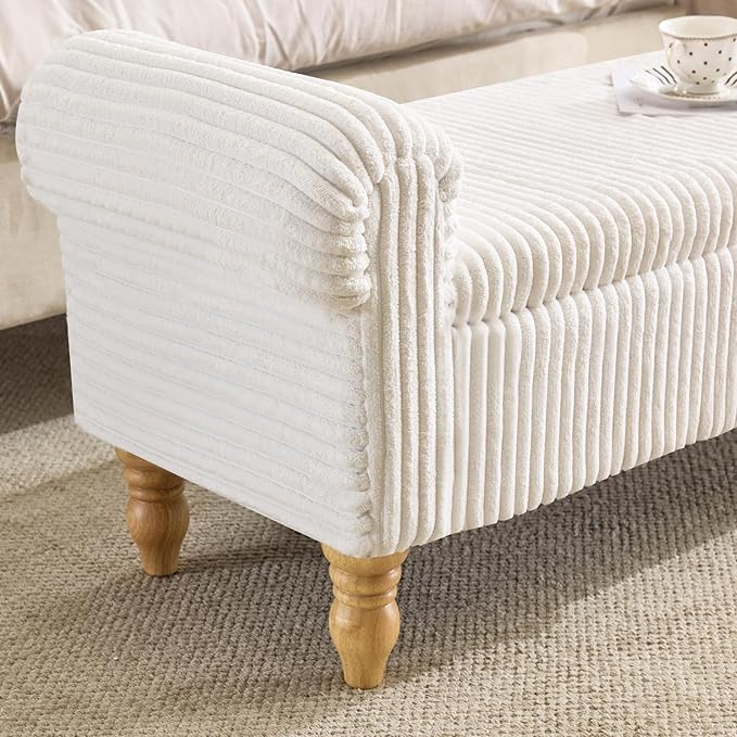 Storage Bench for Bedroom, Ottoman with Storage, Upholstered Ottomans Benches with Rolled Arms for Bedroom End of Bed, Living Room, Entryway (Corduroy/White)
