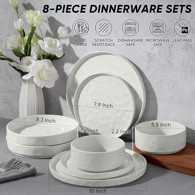 E-far 8-Piece Plates and Bowls Sets with Pasta Bowls - Stoneware Dinnerware Set for 2, Modern Ribbed Speckled White Dishes, Microwave & Dishwasher Safe