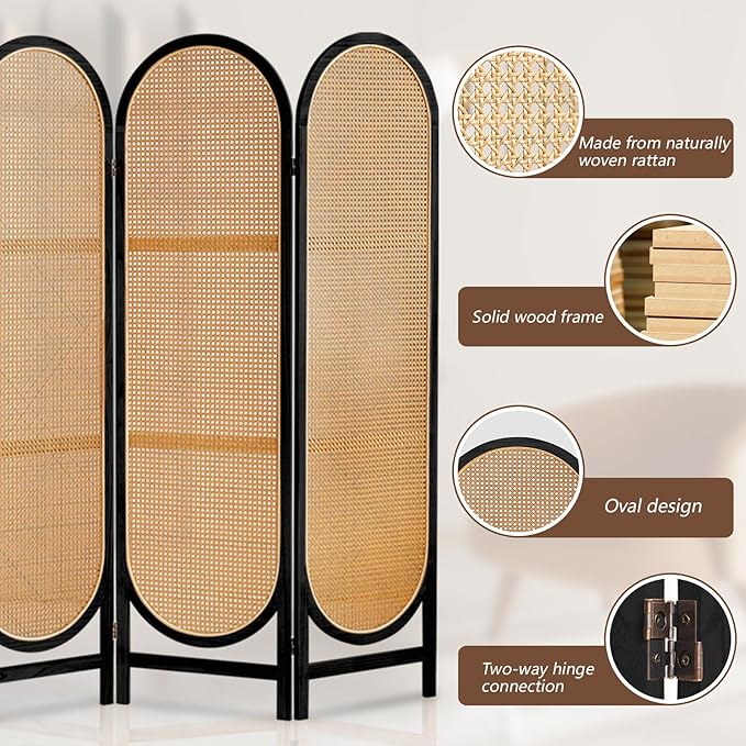 Hand-Woven Rattan Room Dividers Panel, 4 Panels Wood Room Divider and Folding Privacy Screens, Room Divider Wall Freestanding Room Partitions Screen for Home Office Bedroom, Black