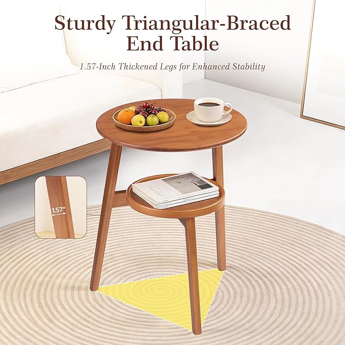 Bamboo Round Side Table, 2-Tier Small Space End Table with Storage Shelf, Mid-Century Modern Rustic Style Narrow Table for Living Room Bedroom Sofa Side