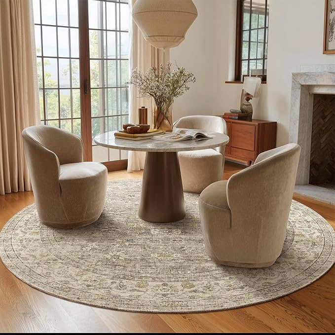 6ft Washable Round Rugs for Bedroom: Circle Living Room Rug Vintage Non Slip Low Pile Soft Faux Wool Non Shedding Boho Circular Rug for Kitchen Entryway Bathroom Bedside Office College Dorm Kids Room
