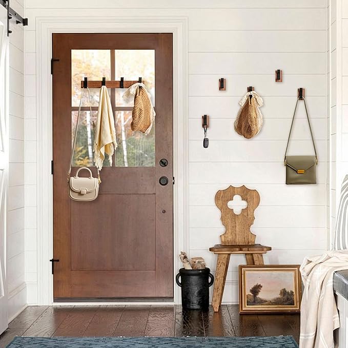 4-Pack Wood Wall Hooks - Wall Mounted or Adhesive Coat Rack for Entryway, Mudroom, Bathroom - Farmhouse Decorative Hangers for Towels, Hats, Keys, Purses, Bags, and Robes
