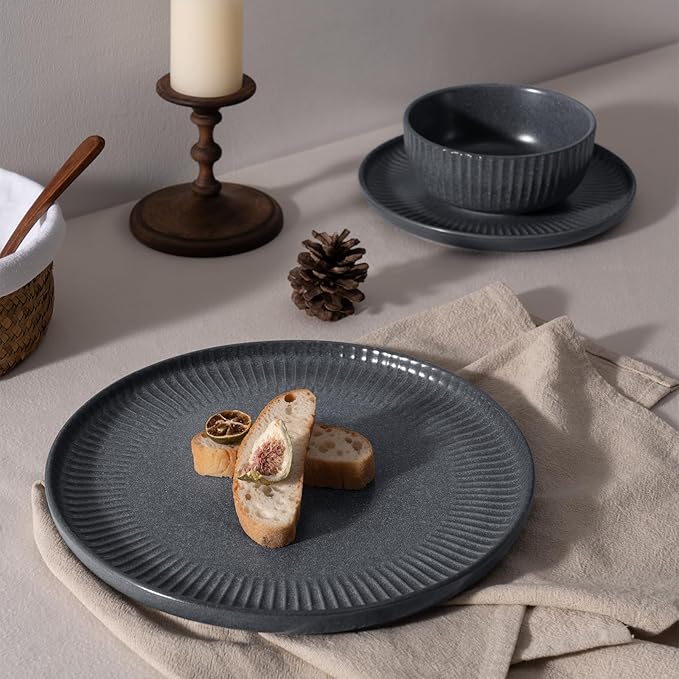 Famiware Starlight 12-Piece Plates and Bowls Sets for 4, Stoneware Dinnerware with Ribbed Textured, Handcrafted Reactive Glaze Dishes - Dishwasher & Microwave Safe, Chip/Scratch Resistant, Matte Grey