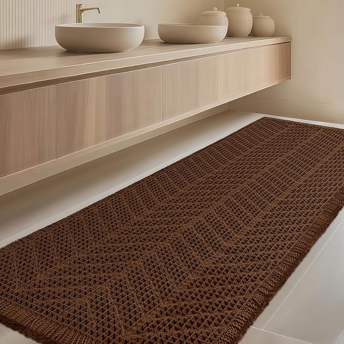 Extra Large Waffle Bath Mat, Boho Woven Modern Bath Rug Absorbent Non Slip, Ultra Soft Bathroom Mats, Machine Washable Knit Bath Rugs with Herringbones for Bathroom, Bedroom, Kitchen, 6'x2', Brown