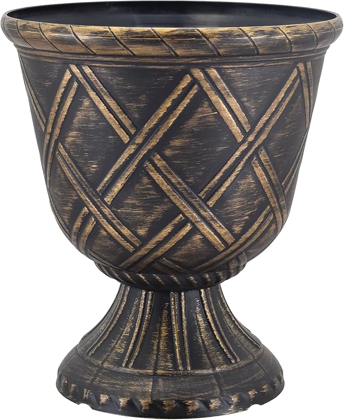 Arcadia Garden Products PL60GD Lattice Plastic Garden Urn, Classic Decorative Garden Pot Planter for Indoor and Outdoor Plants, Gold