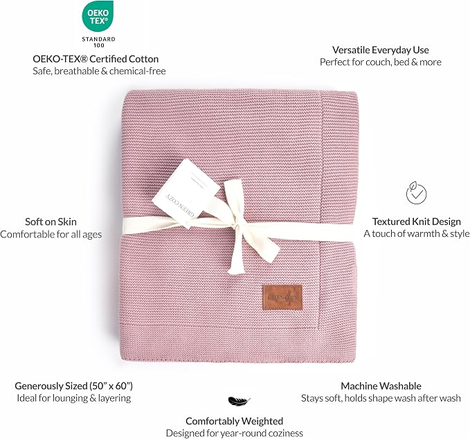 100% Cotton Knitted Throw Blanket – Oeko-TEX® Certified, Breathable & Soft, 50" x 60" – Substantial All-Season Blanket for Couch, Bed, Home Décor and Gifting - 2 lb (Mauve)