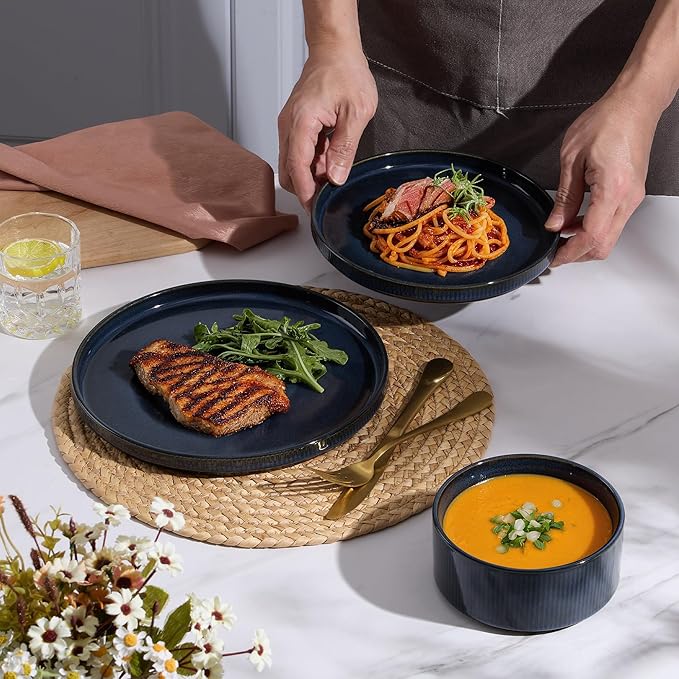 E-far 24-Piece Stoneware Dinnerware Sets, Plates and Bowls Sets for 8, Kitchen Dinning Porcelain Ribbed Dishes Set, Chip & Scratch Resistant, Dishwasher & Microwave Safe, Midnight Blue