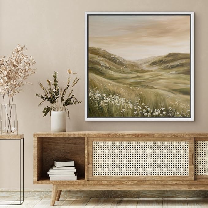 SIGNFORD Framed Canvas Print Wall Art Soft Meadow Landscape with Wildflowers Illustrations Modern Art Relax/Calm Warm for Living Room, Bedroom, Office - 24"x24" WHITE
