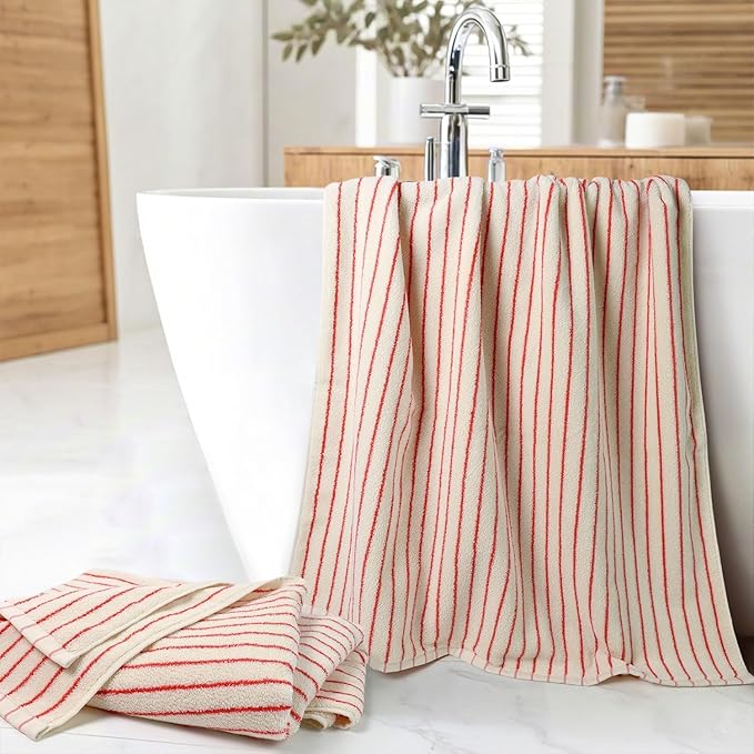 Jacquotha Striped Bath Towels Set of 2 (Coral Red), Lighter & Quick Dry Towels Large 27.5 x 55 inches, Farmhouse for Bathroom Decor, Shower, Pool Days