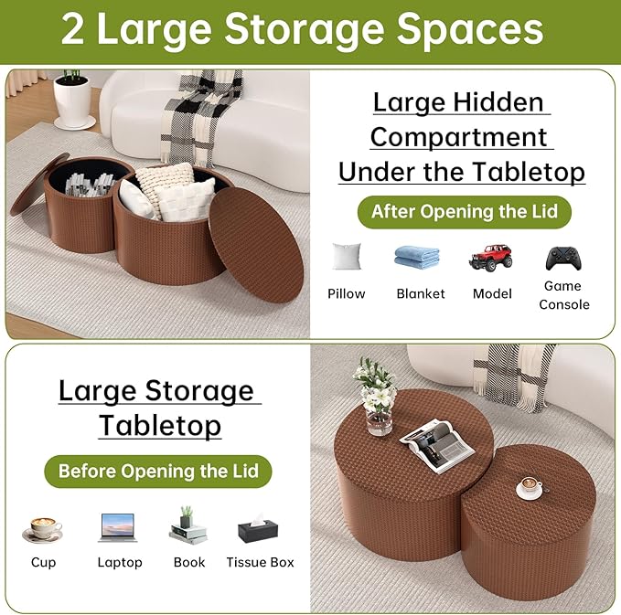 Round Nesting Coffee Table Set of 2 Modern Round Walnut Coffee Table Small Circular End Table Side Table Coffee Tables Circle Nested Coffee Tables for Living Room (Brown A Large)