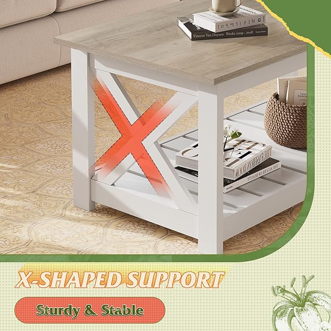 WLIVE Coffee Table, 40.1" Farmhouse Coffee Table with Slatted Storage Shelf & X-Shape Frame, 2-Tier Wood Center Table for Living Room, Balcony,White