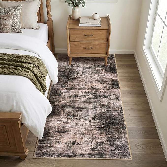 IOHOUZE Abstract Runner Rug 3x7 Ft Washable Runners for Hallways, Non Slip Kitchen Runner Printed Faux Wool Entryway Runner Indoor, Modern Abstract Floor Carpet for Hall Kitchen Bedroom, Brown/Rust