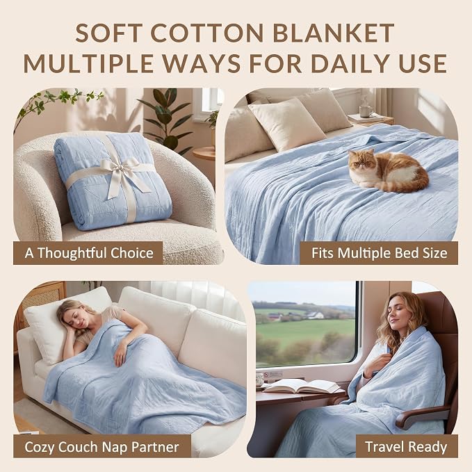 Exclusivo Mezcla 100% Cotton Muslin Blanket for Bed, King Size 4-Layer Moisture-Wicking and Breathable Ultra Soft Gauze Blanket for Spring Summer, 104"x90", Ice Blue