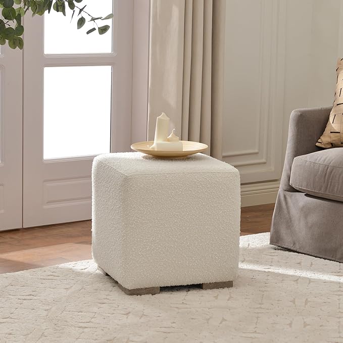 KINWELL 18.5" Wide Modern Square Boucle Upholstered Ottoman with Solid Wood Legs, Cube Ottoman Multi-Functional Sofa Footrest, Extra Seating for Living Room, Bedroom, Fully Assembled (White)