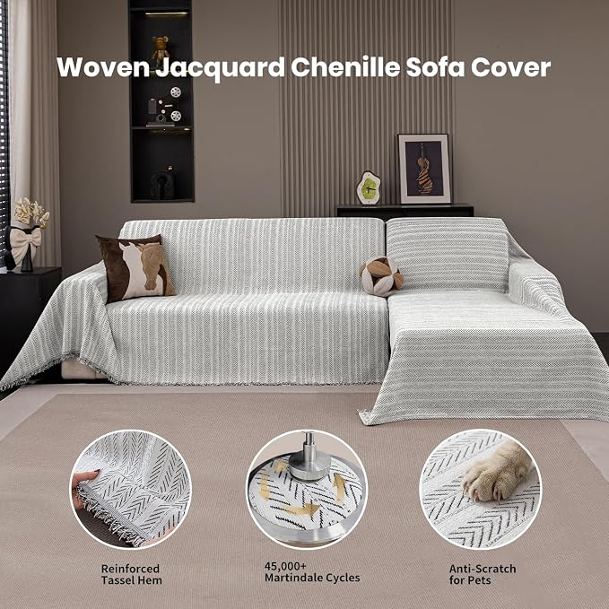 Chenille Couch Cover for Sofa Non Slip Cover Washable Pet Scratch Couch Covers Tassel Sofa Slipcover for 2 Cushion Couch Furniture Protector Blanket for Living Room,Beige 71"x118"