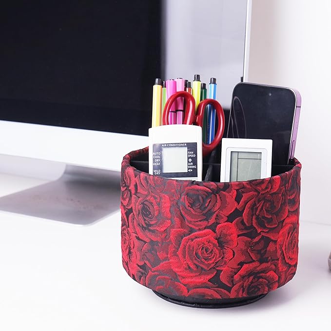 Round Leather Art Supply Organizer,Remote Control Holder,360 Degree Rotating,Multi-Functional Pencil Holder,4 Compartments Desktop Stationary Organizer(1-3D Rose Red)