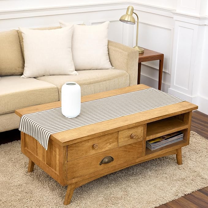 Solino Home Linen Table Runner 60 Inches - Amalfi Stripe 100% Pure Linen Brown and Cream Farmhouse Table Runner 14 x 60 Inch Ideal for Dresser and Coffee Tables