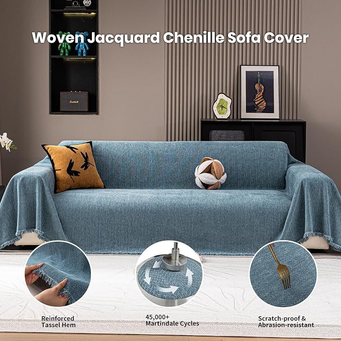 Chenille Couch Cover for Sofa Non Slip Cover Washable Pet Scratch Couch Covers Tassel Sofa Slipcover for 3 Cushion Couch Furniture Protector Blanket for Living Room,Stone Blue 91"x134"