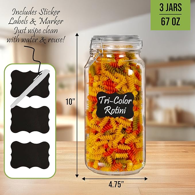 Glass Jars with Lids Food Storage Jars with Airtight Lids Leak Proof Glass Canisters Kitchen [67 oz - 3 Pack]