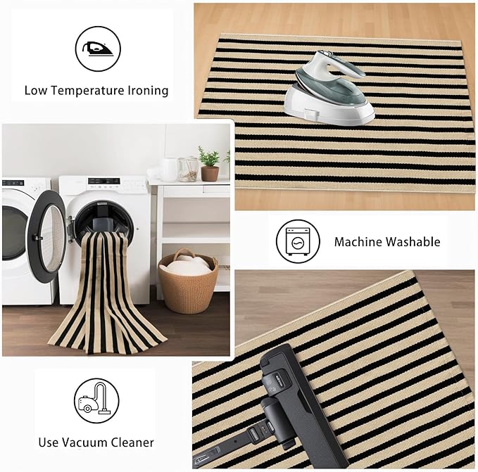 Outdoor Striped Rugs 3'x5', Black and Tan Cotton Hand Woven Front Door Mat,Washable Reversible Front Porch Rug, Foldable Layered Door Mats for Entryway/Home Entrance/Farmhouse