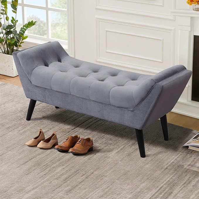 Alunaune Velvet Tufted Ottoman Bed Bench for Bedroom End of Bed Bench, Upholstered Entryway Bench Storage Ottoman Footstools with Wood Legs-2 Seater, Light Gray