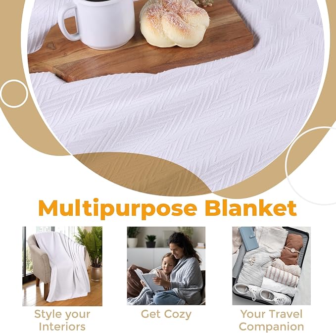 Superior Metro 100% Cotton Blanket, Perfect for Bedroom, Living Room, Couch, Picnics, Travel, Beach, or Camping, Comfy Blanket, Bedroom Decor, Essentials, Zig-Zag Cover for Bed, King, White