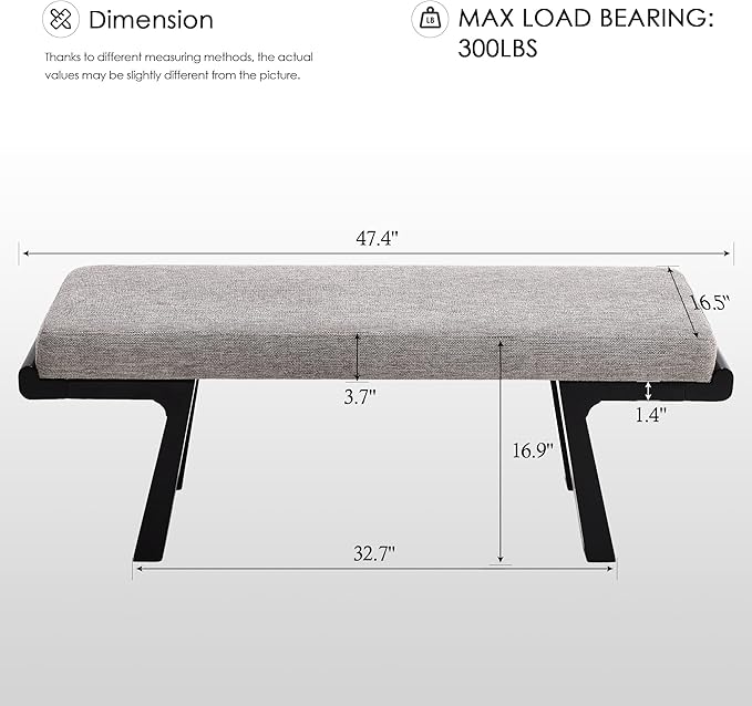 Zesthouse Solid Wood Bench for Bedroom End of Bed, Upholstered Small Entryway Bench with Cushion, 47" Grey Linen Ottoman Bench with Black Wood Legs, Modern Dining Bench Seat, for Indoor Living Room