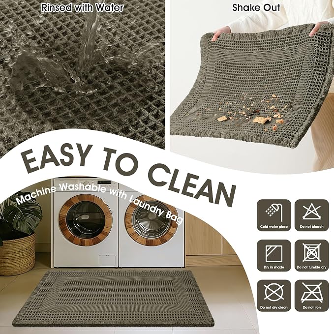 Upgraded Waffle Bath Mat Set 2 Piece Greyish Green-Looped, Super Absorbent Non-Slip Quick Dry Bathroom Rugs with Tassels, Machine Washable Ultra Soft Boho Bath Rugs, Toilet Mats Boho Farmhouse Decor