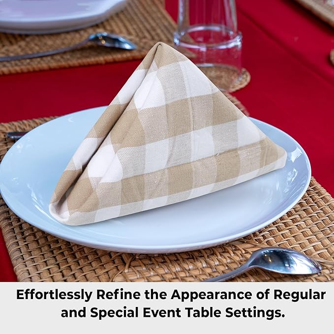 Urban Villa Cloth Napkins 100% Cotton Highly Absorbent Washable Reusable Premium Dinner Napkins Ideal for Gifts for Mothers Day Hotel Farmhouse Parties - Taupe/White Checks (20" x 20", Set of 6)