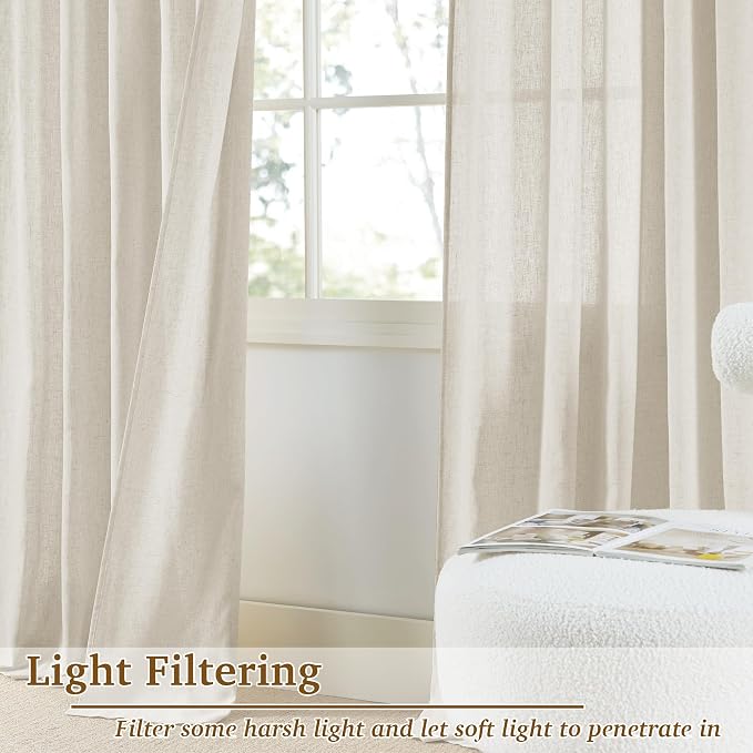 StangH Natural Linen Semi Sheer Curtains 84 inches Long, Breathable Light Airy Bedroom Drapes with Back Tab Country Farmhouse Decor for Living Room Sliding Door, Cream, W55 x L84, 2 Panels
