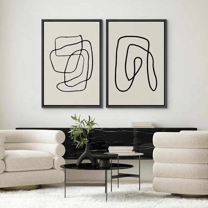 SIGNWIN Framed Wall Art Print Set Black Lines Over Tan Plain Background Abstract Swirly Cozy Neutral Modern Art Mid-Century Modern Expressive for Living Room, Bedroom, Office - 24"x36"x2 Black