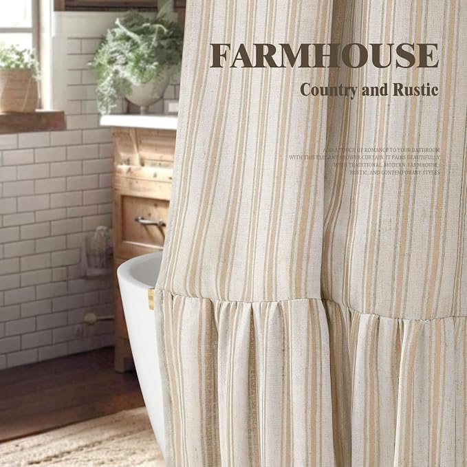 Farmhouse Shower Curtain with Ruffle Hem Linen Shower Curtains for Bathroom Country Vintage Rustic Natural Fabric, Cream-Beige Stripe 72" W x 78" L