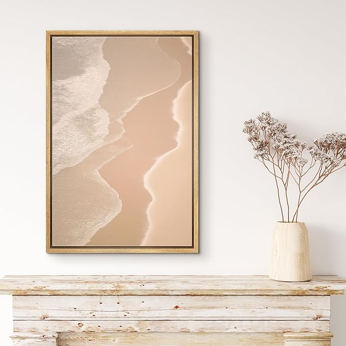 MUDECOR Framed Canvas Print Wall Art Soft Beige Aerial Beach Waves Minimalist Coastal Illustrations Minimalism Decorative Bohemian Colorful Zen for Living Room, Bedroom, Office - 24"x36" NATURAL