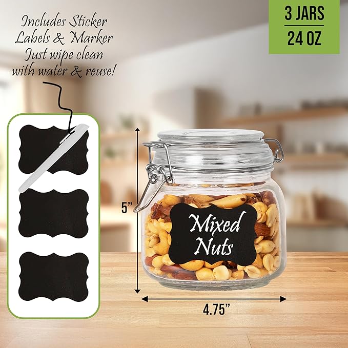 Glass Jars with Lids Food Storage Jars with Airtight Lids Leak Proof Glass Canisters Kitchen [24 oz - 3 Pack]