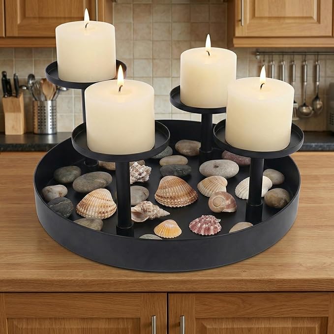 Circular Candle Holder, Black Metal Candle Stand, 4-Pillar Tiered Design | for Scented Candles, Pillar Candles | Creative Home Decor | Diameter 20CM/7.9 Inches