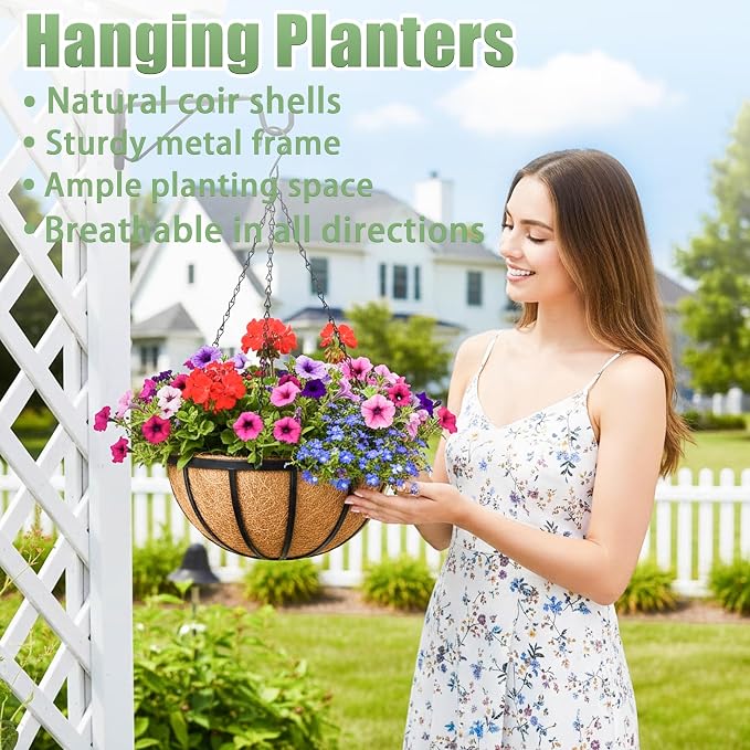 4 Pack 12 Inch Hanging Baskets for Plants Outdoor Metal Hanging Planters Round Hanging Flower Pots with Coco Coir Liner Plant Holder for Outdoor Patio Garden Balcony Decor - Flat Iron